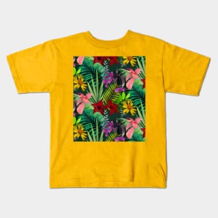 Elegant tropical flowers and leaves pattern purple illustration, dark green tropical pattern over a Kids T-Shirt